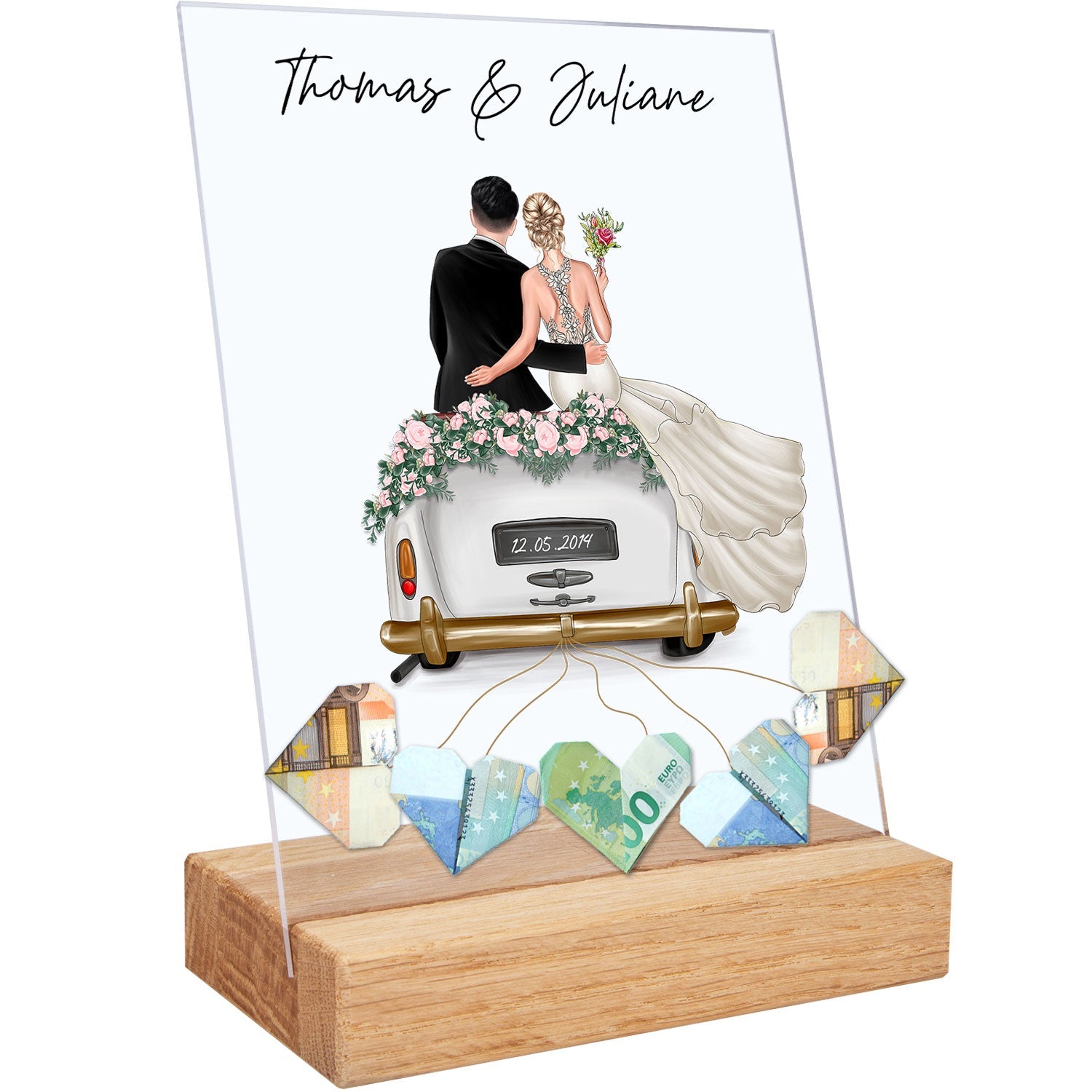 Hochzeitsauto auf Acrylglas - Personalisiertes Geldgeschenk zur Hochzeit