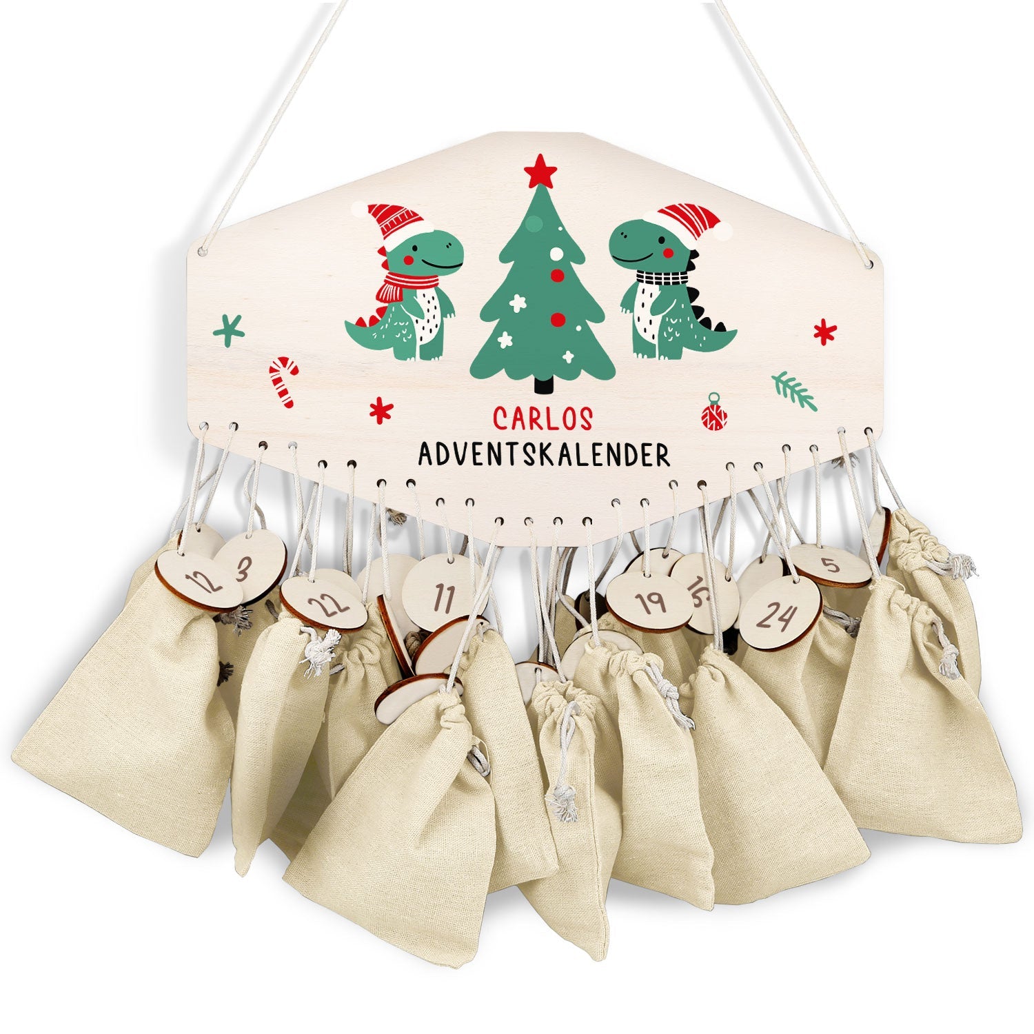 Personalisierter Adventskalender aus Holz mit Druckmotiv & Namen - Dinos
