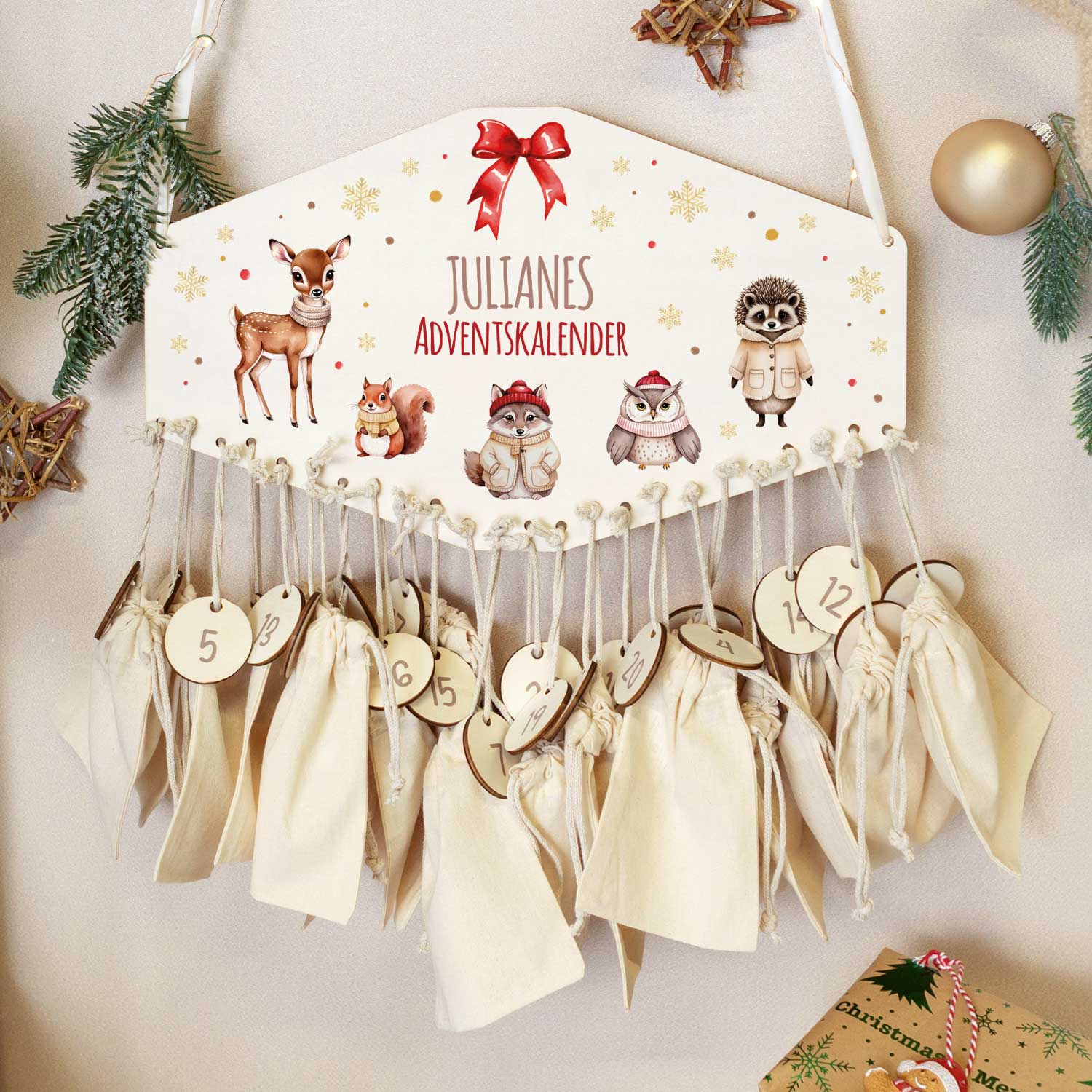Personalisierter Adventskalender aus Holz mit Druckmotiv & Namen - Waldtiere