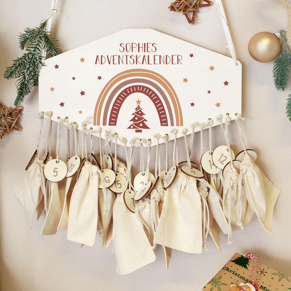Personalisierter Adventskalender aus Holz mit Druckmotiv & Namen - Regenbogen