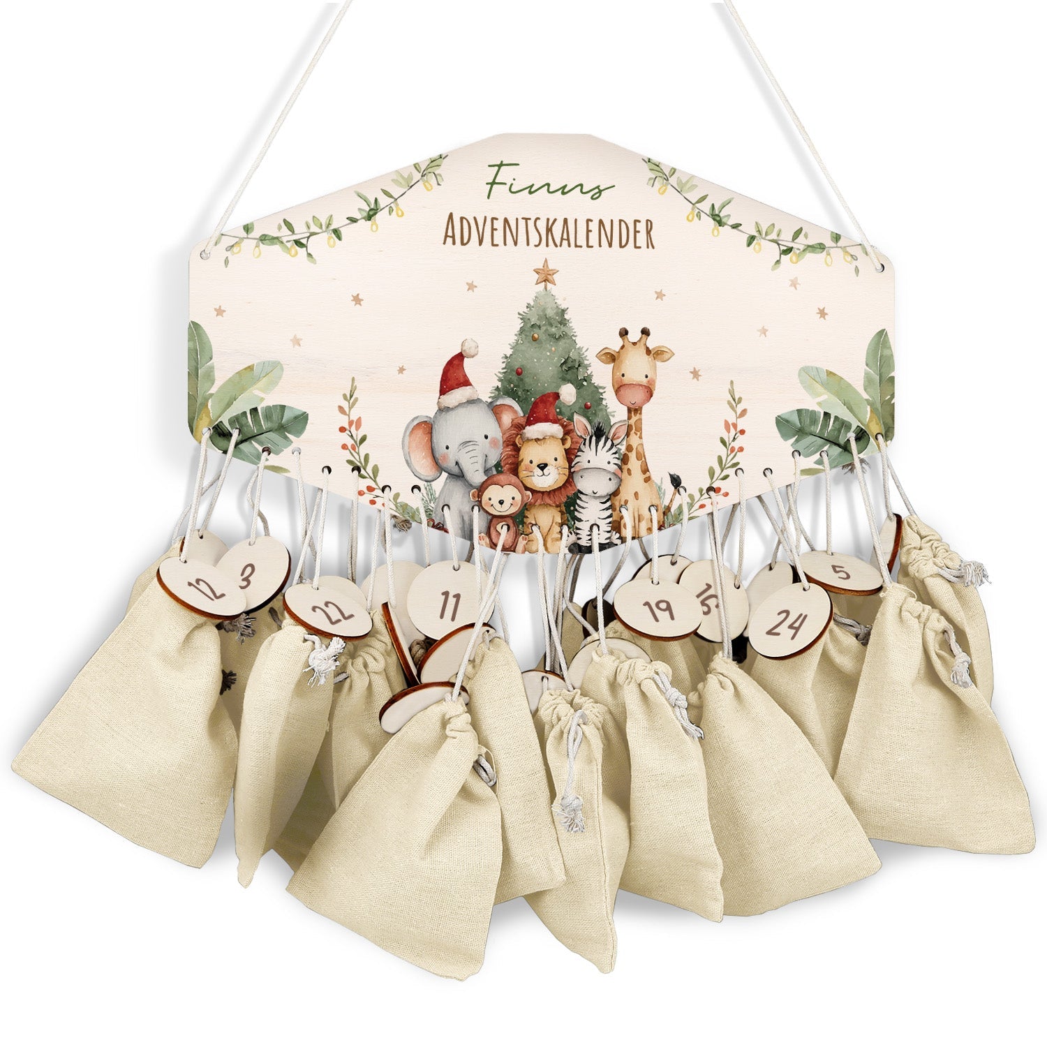 Personalisierter Adventskalender aus Holz mit Druckmotiv & Namen - Safari Weihnachten