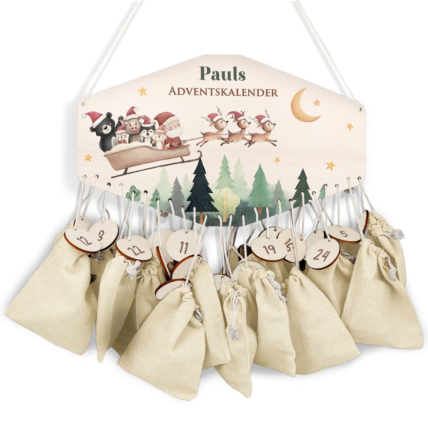 Personalisierter Adventskalender aus Holz mit Druckmotiv & Namen - Schlitten
