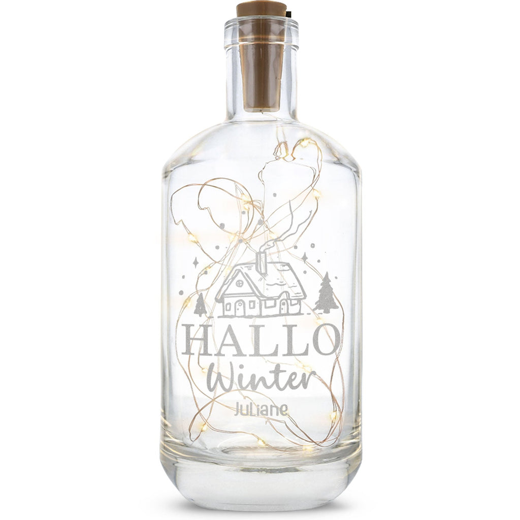 Flaschenlicht mit LED-Lichterkette im Hallo Winter Design - Personalisiert mit Namen