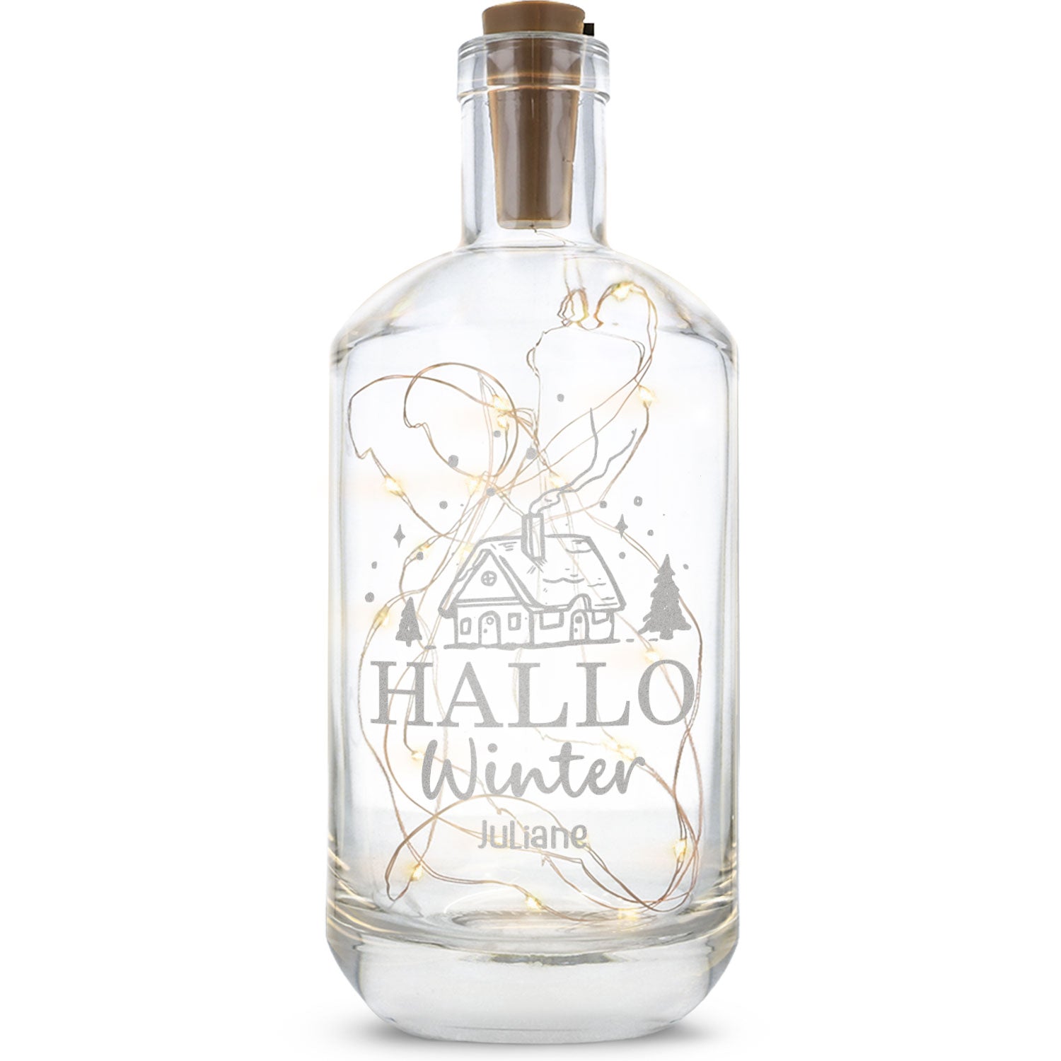 Flaschenlicht mit LED-Lichterkette im Hallo Winter Design - Personalisiert mit Namen