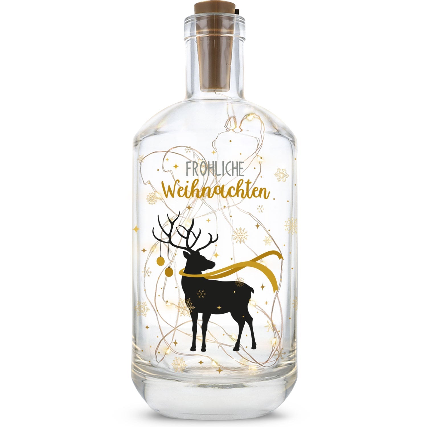 Flaschenlicht mit LED-Lichterkette und UV Druck - Hirsch Gold Design - Weihnachtsdekoration