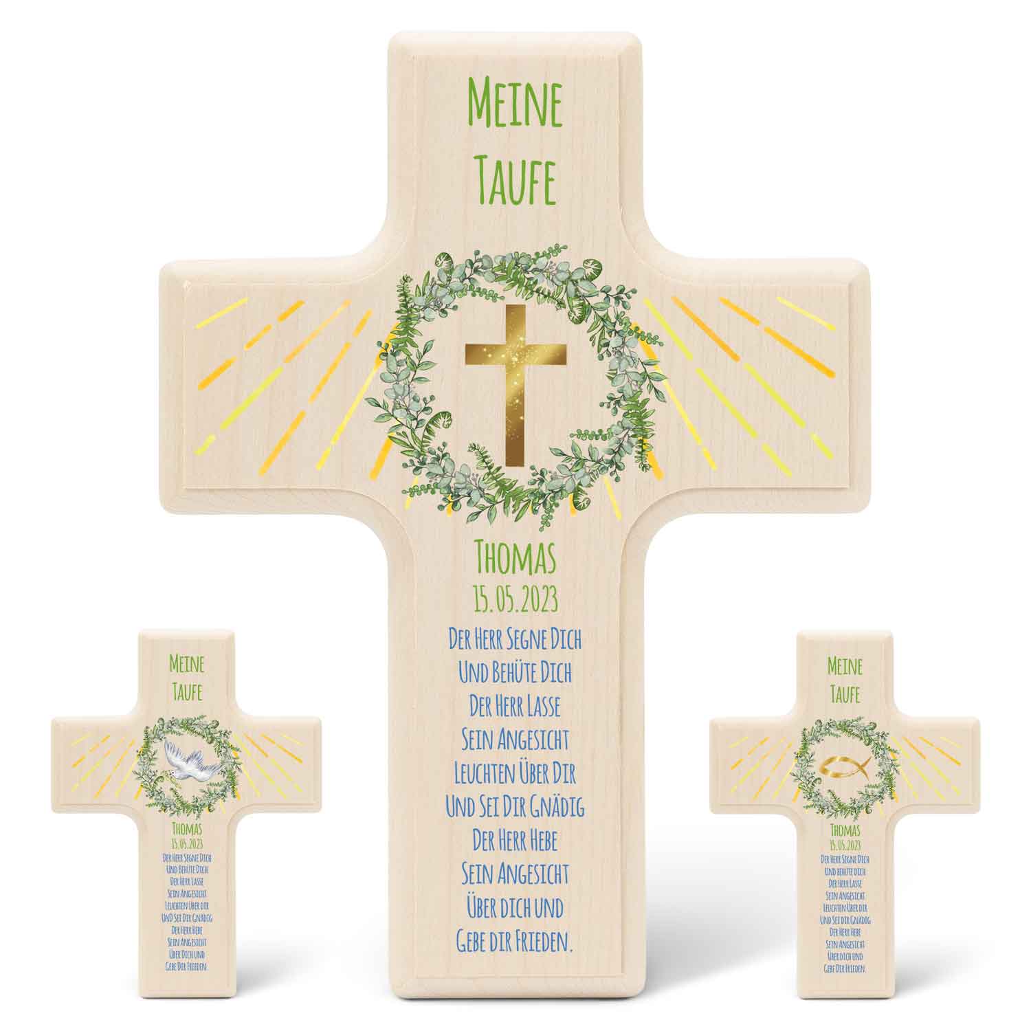 Personalisierbares Holzkreuz zur Taufe Konfirmation und Kommunion - Kranz Design