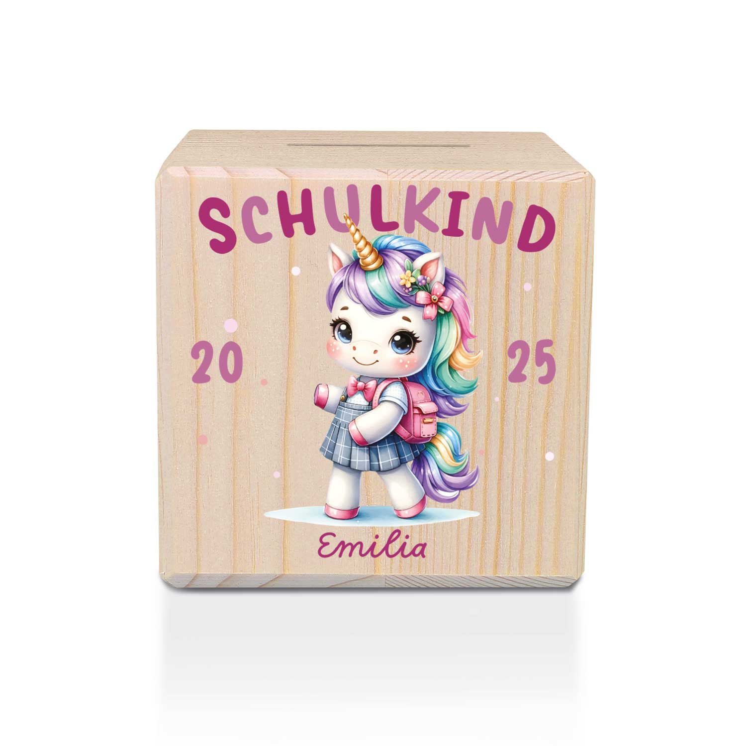 Spardose aus Holz - Schulkind