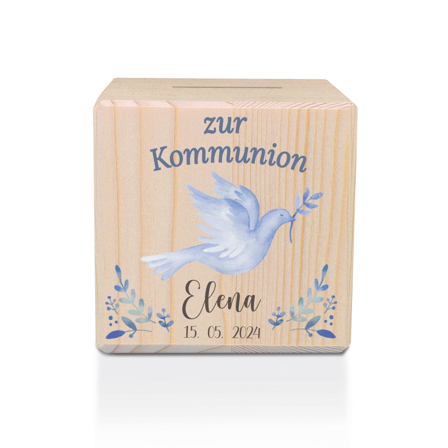 Spardose aus Holz - Taube Blau
