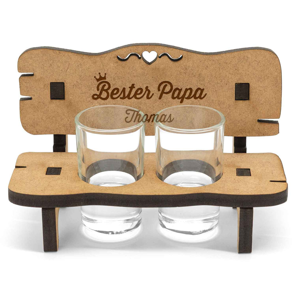 Gravierte Schnapsbank mit Name im Bester Papa Design + 2 Schnapsgläser
