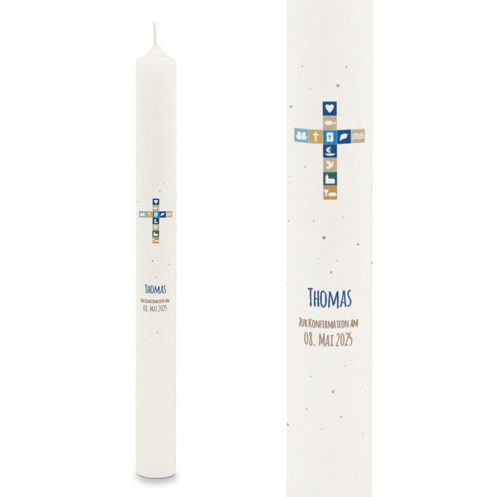 Stabkerze "Kreuz Symbole"- Kommunion Kerze mit Namen & Datum