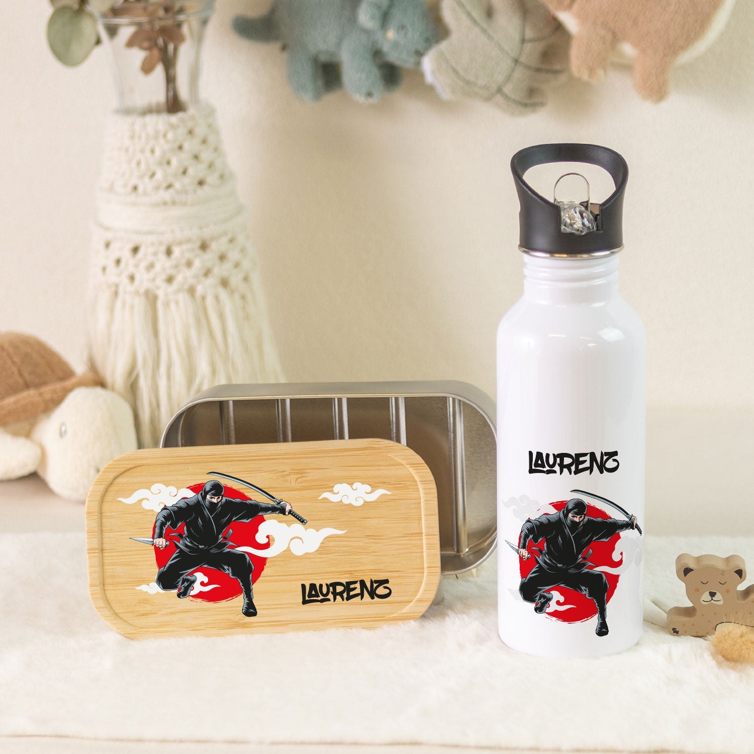 Bedruckte Brotdose & Trinkflasche im Set - Ninja