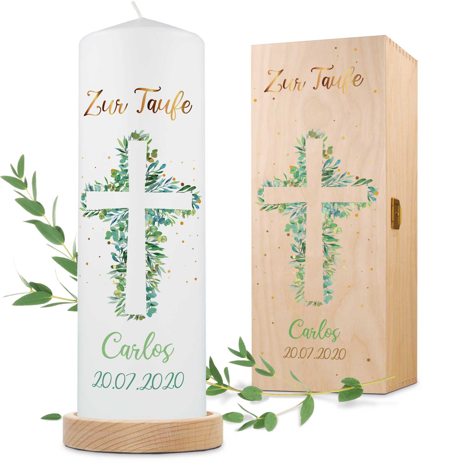 Große Kerze "Eukalyptus Kreuz" - Taufkerze mit Namen, Datum & Taufspruch