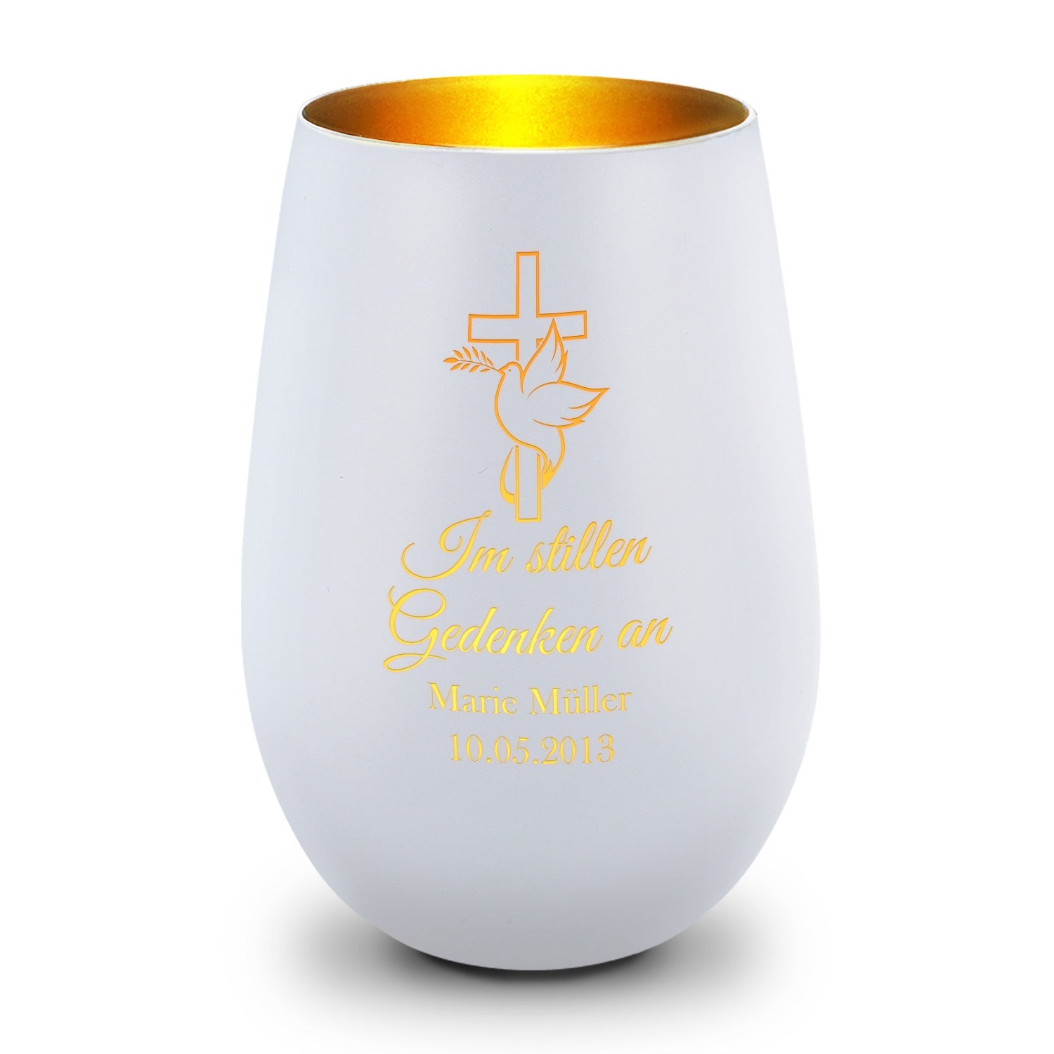 Deko Windlicht aus Glas mit Gravur - Im Stillen Gedenken - Personalisiert mit Namen & Datum - Trauer