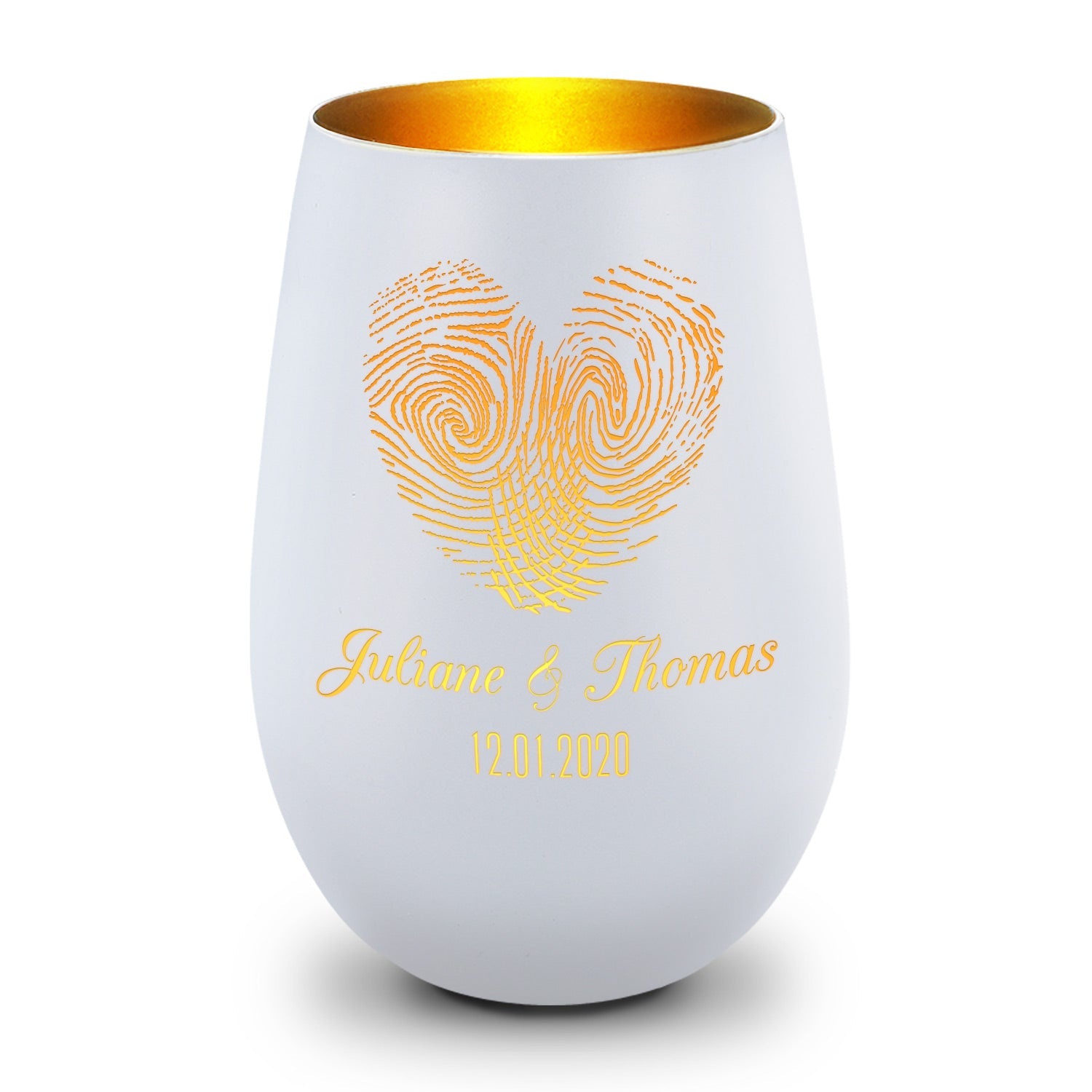 Deko Windlicht aus Glas mit Gravur - Herz Fingerabdruck - Personalisiert mit Namen & Datum
