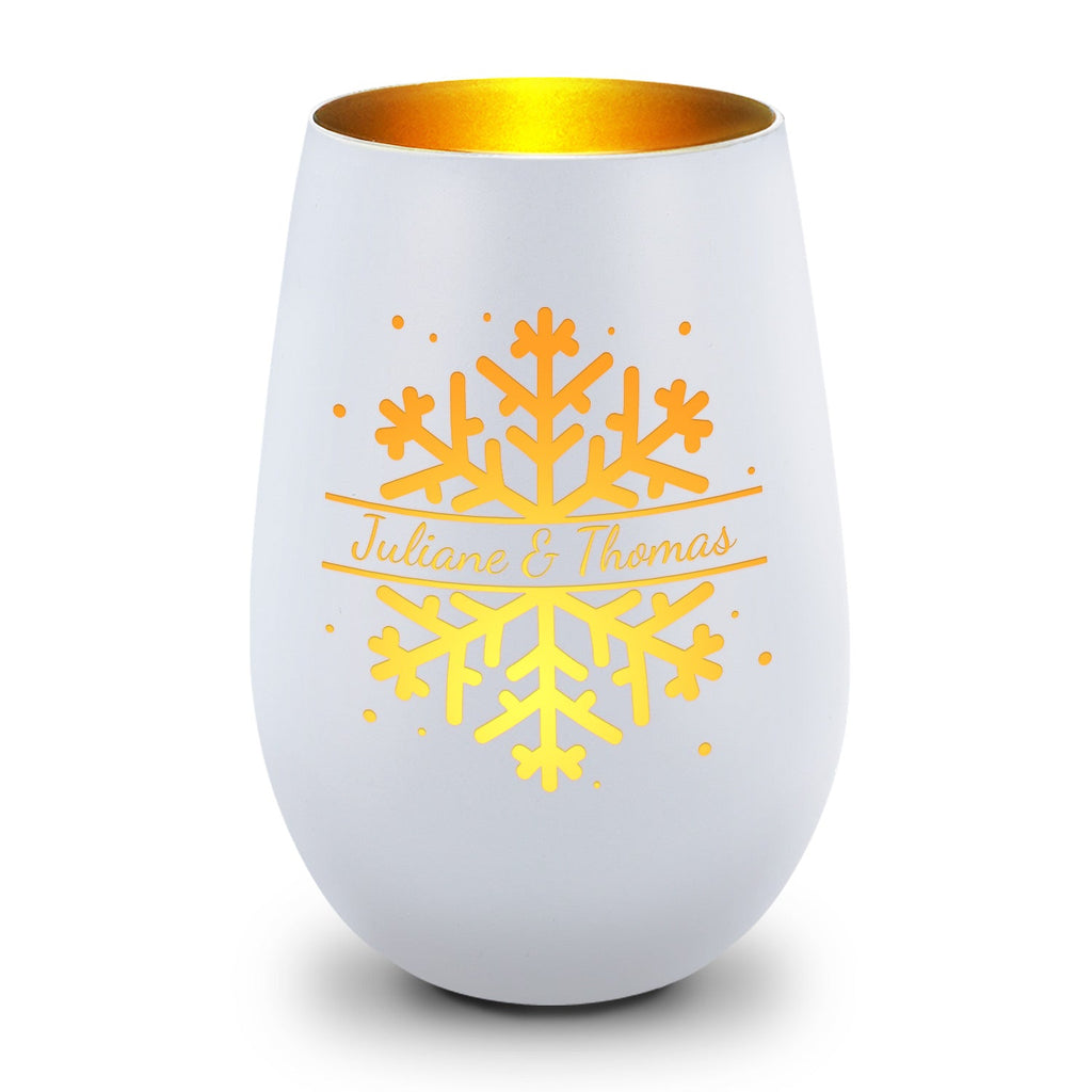Deko Windlicht aus Glas mit Gravur - Schneeflocke - Personalisiert mit Namen - Geschenk zu Weihnacht