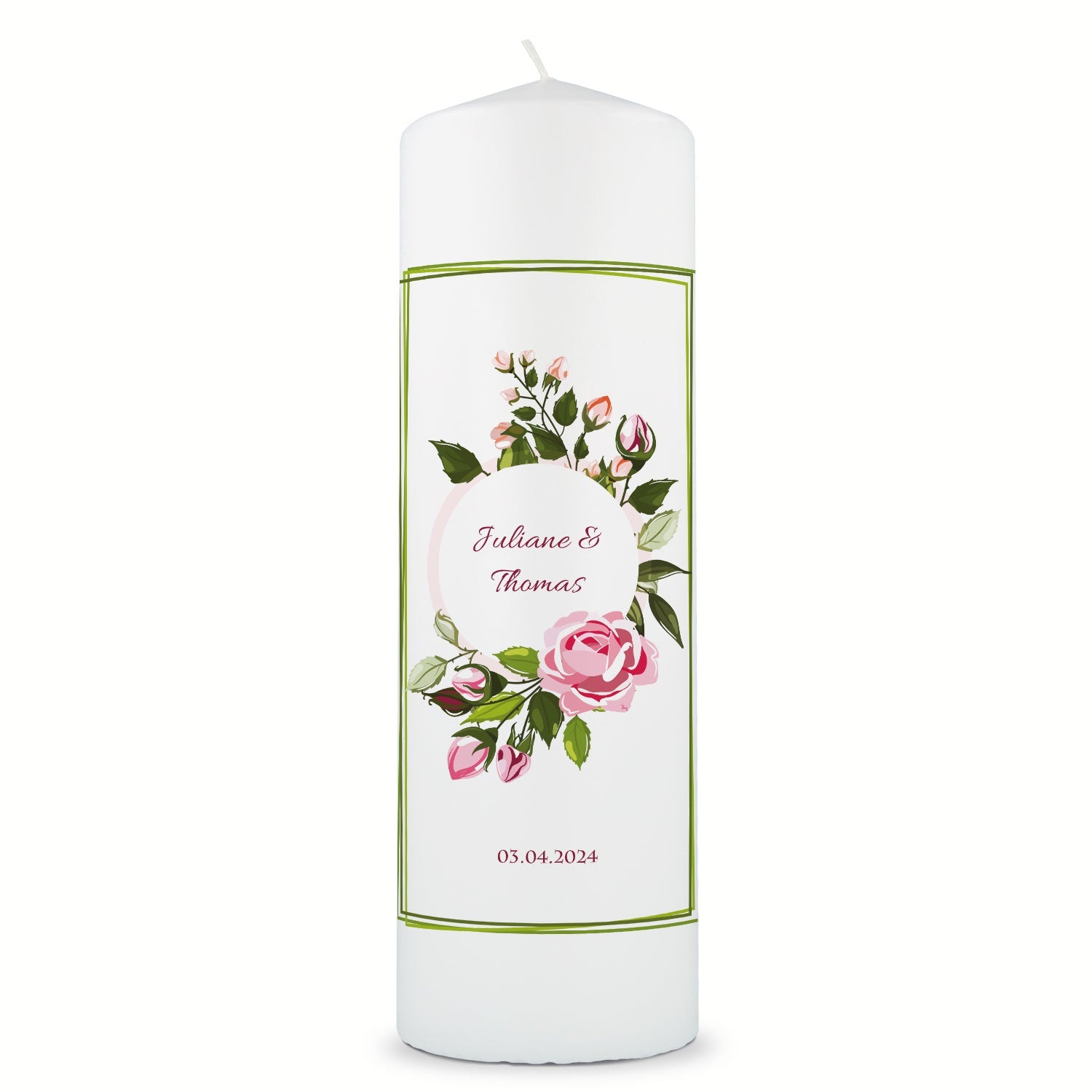 Große Kerze "Green Flower" - Hochzeitskerze mit Namen, Datum & Wunschtext