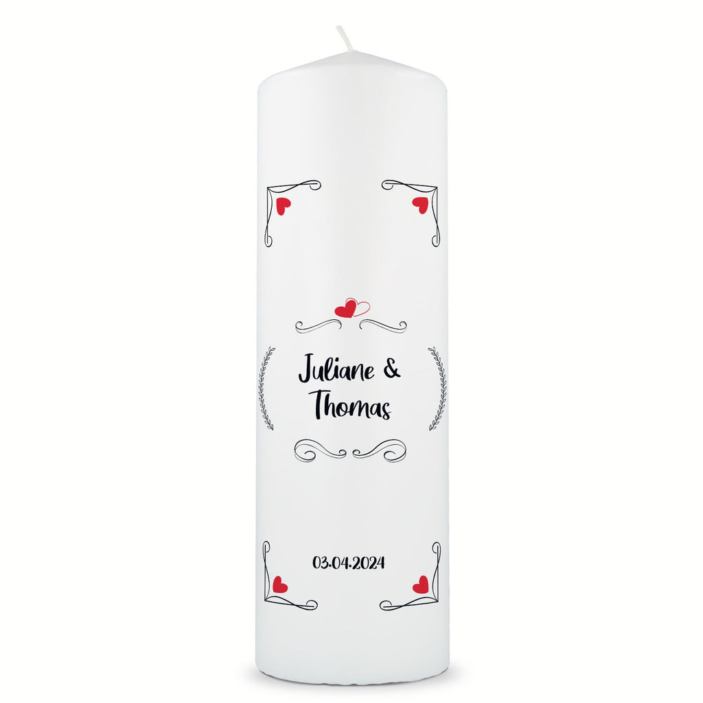 Große Kerze "Red Hearts" - Hochzeitskerze mit Namen, Datum & Wunschtext