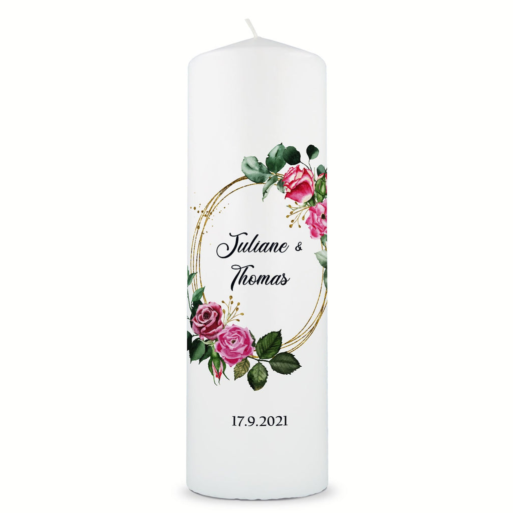 Große Kerze "Pink Rose" - Hochzeitskerze mit Namen, Datum & Wunschtext