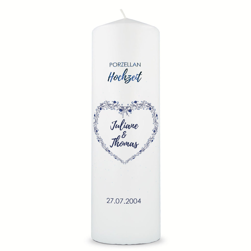 Große Kerze "Porzellanhochzeit" - Hochzeitskerze mit Namen, Datum & Wunschtext