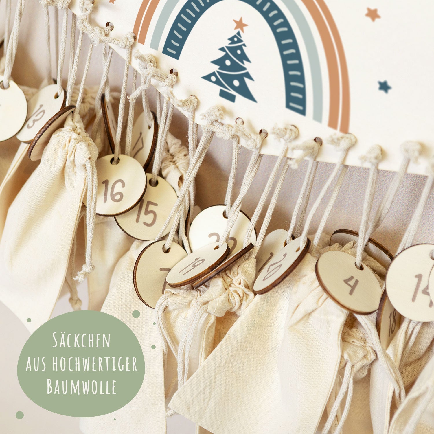 Personalisierter Adventskalender aus Holz mit Druckmotiv & Namen - Regenbogen