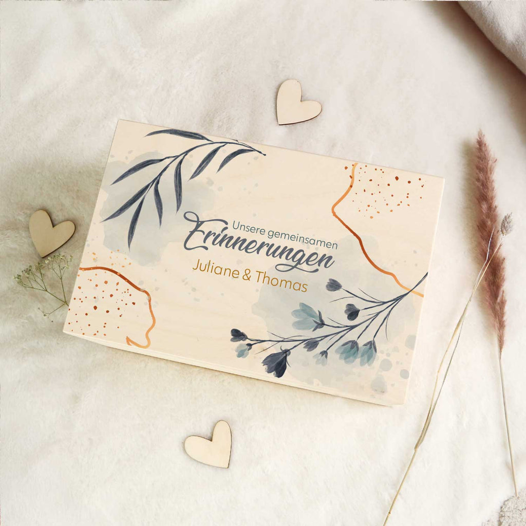 Erinnerungskiste mit UV-Druck im Unsere gemeinsamen Erinnerungen Design - Personalisiertes Geschenk zur Hochzeit