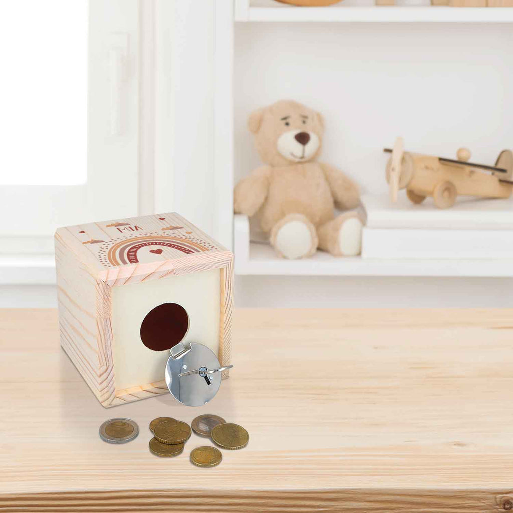 Spardose aus Holz - Regenbogen