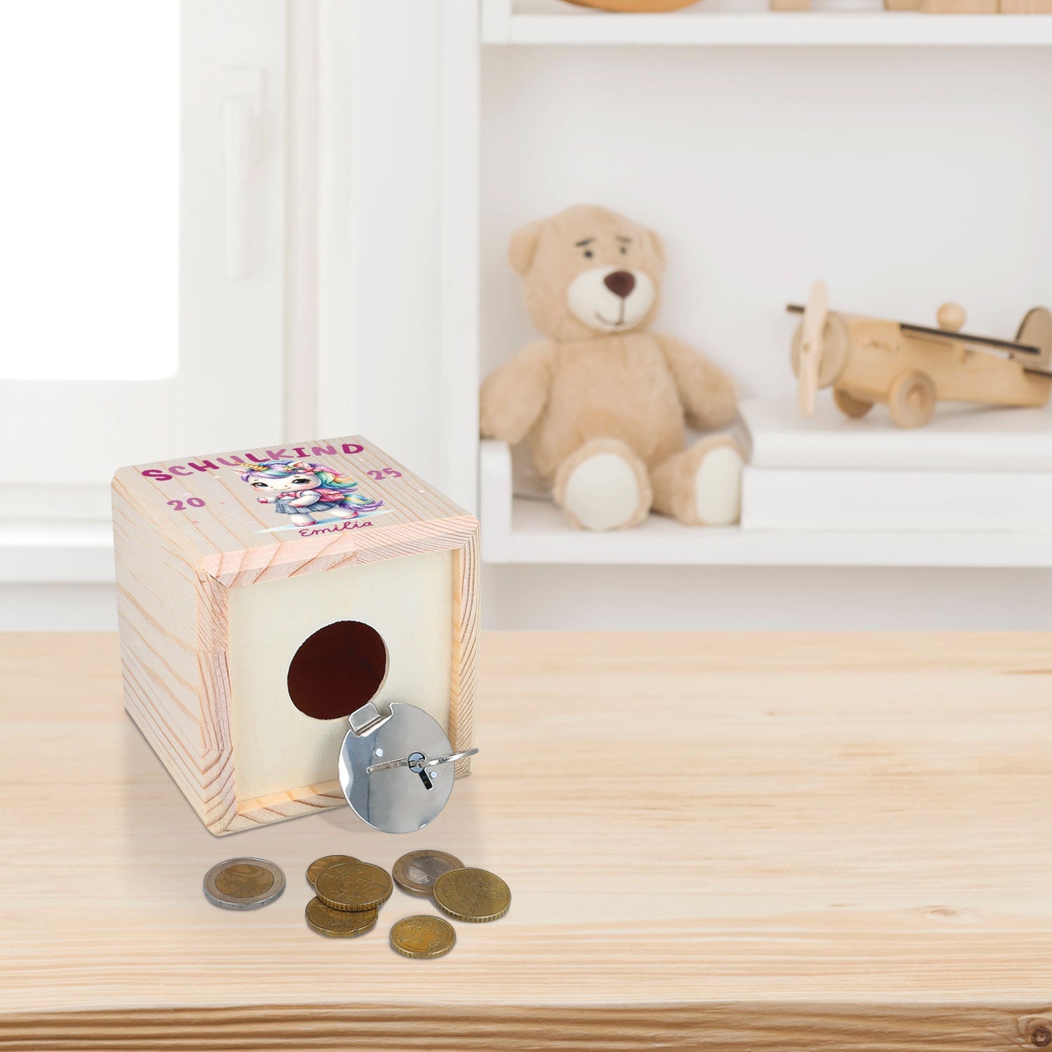 Spardose aus Holz - Schulkind