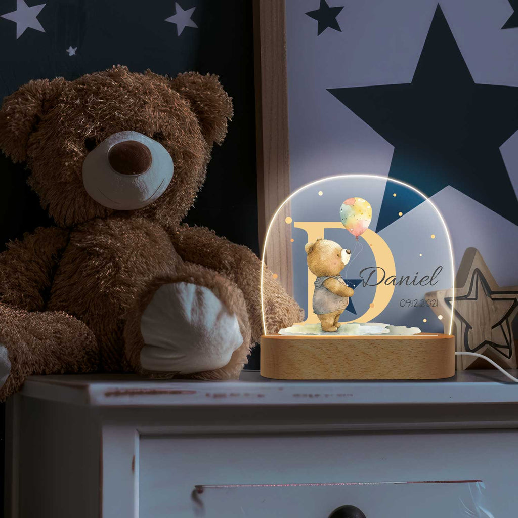 Kinder LED Nachtlicht mit Sockel aus Holz - "Initial Tiere"