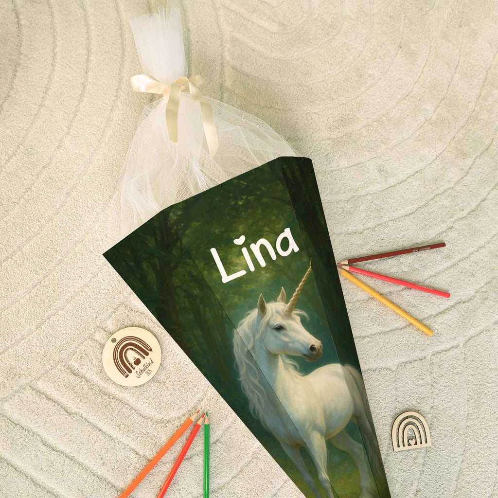 Bedruckte Schultüte mit Namen - Einhorn Wald