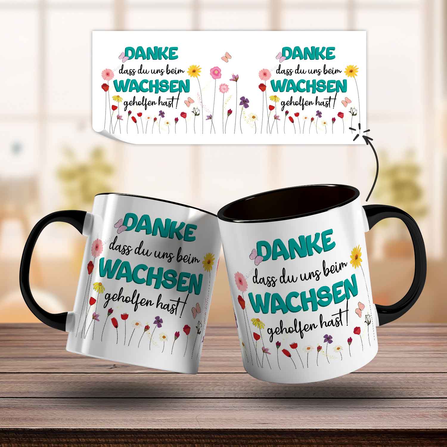 Bedruckte Tasse mit Spruch - "Danke dass du uns beim Wachsen geholfen hast"