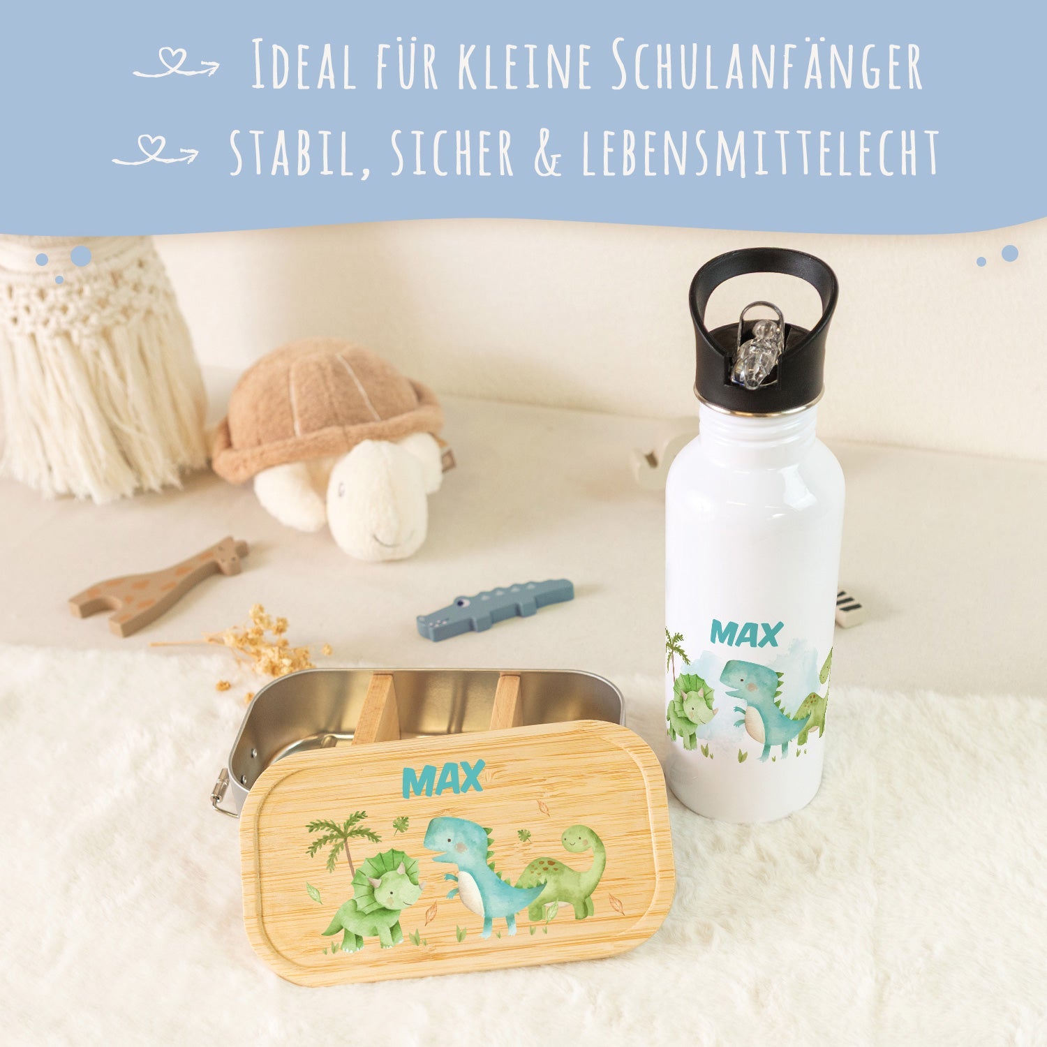 Bedruckte Brotdose & Trinkflasche im Set - Dino