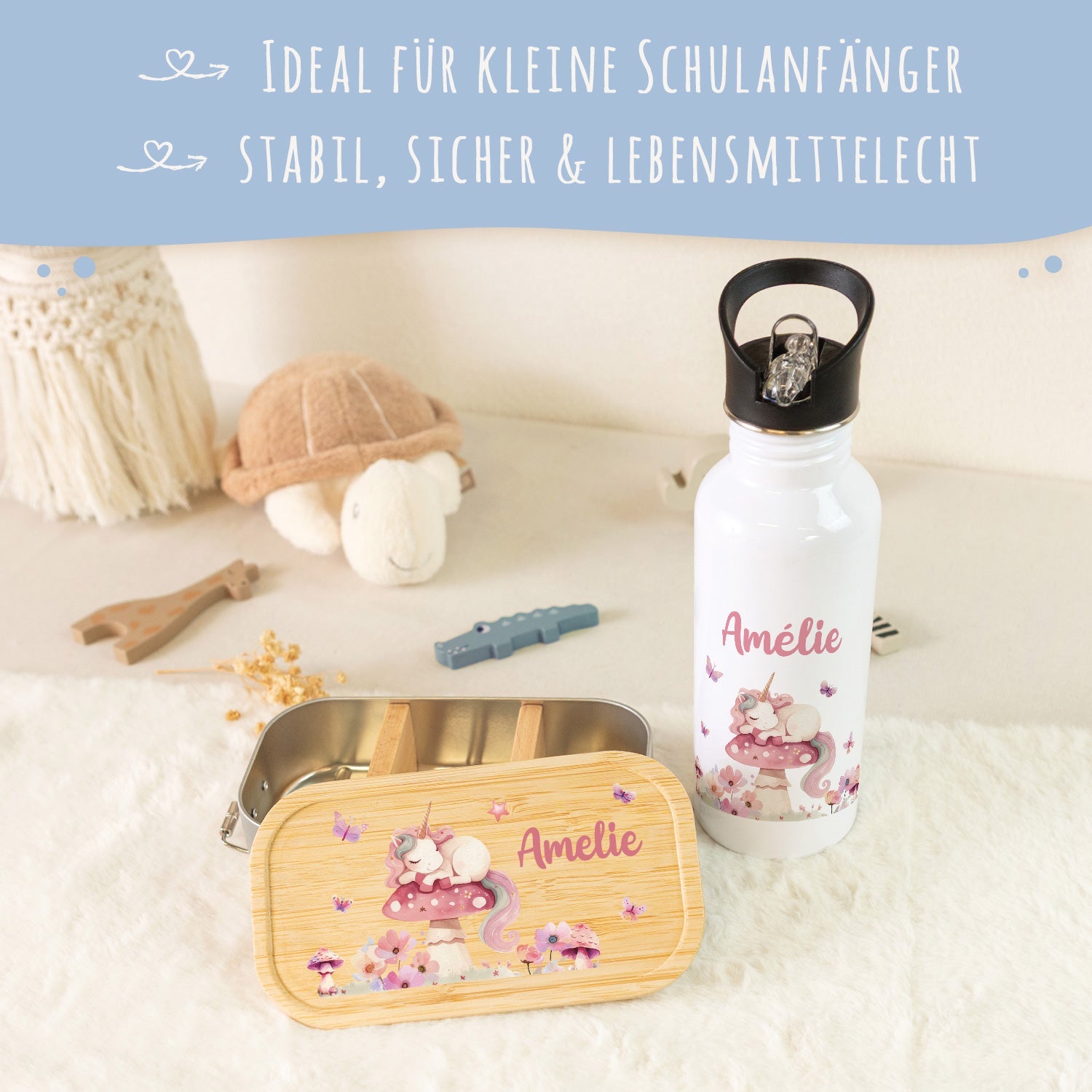 Bedruckte Brotdose & Trinkflasche im Set - Schlafendes Einhorn