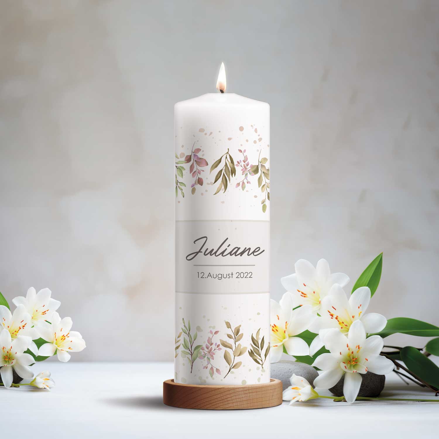 Große Kerze "Flower Love" - Taufkerze mit Namen und Datum