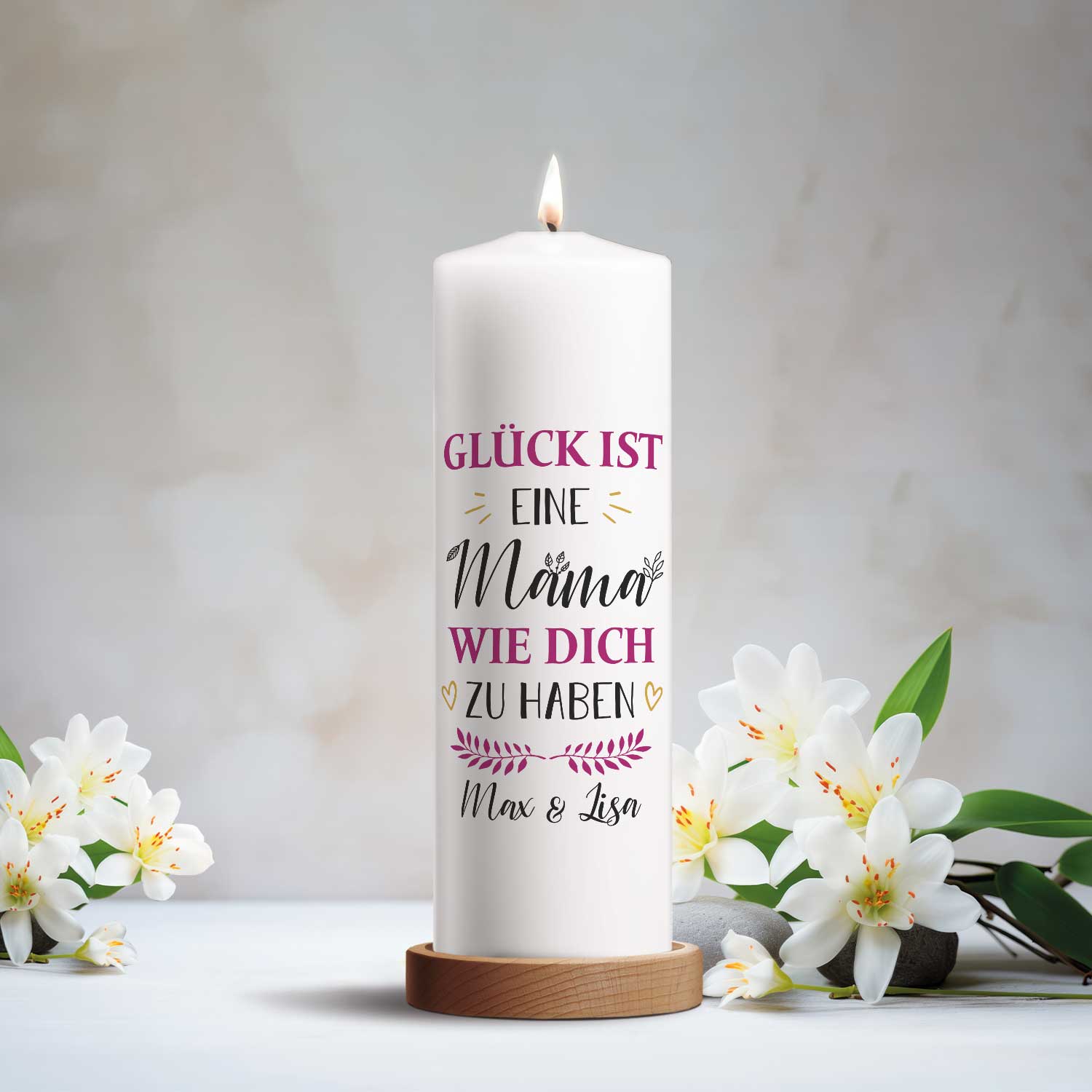 Große Kerze "Glück ist eine Mama" mit Namen - Geschenk für Mama zum Muttertag