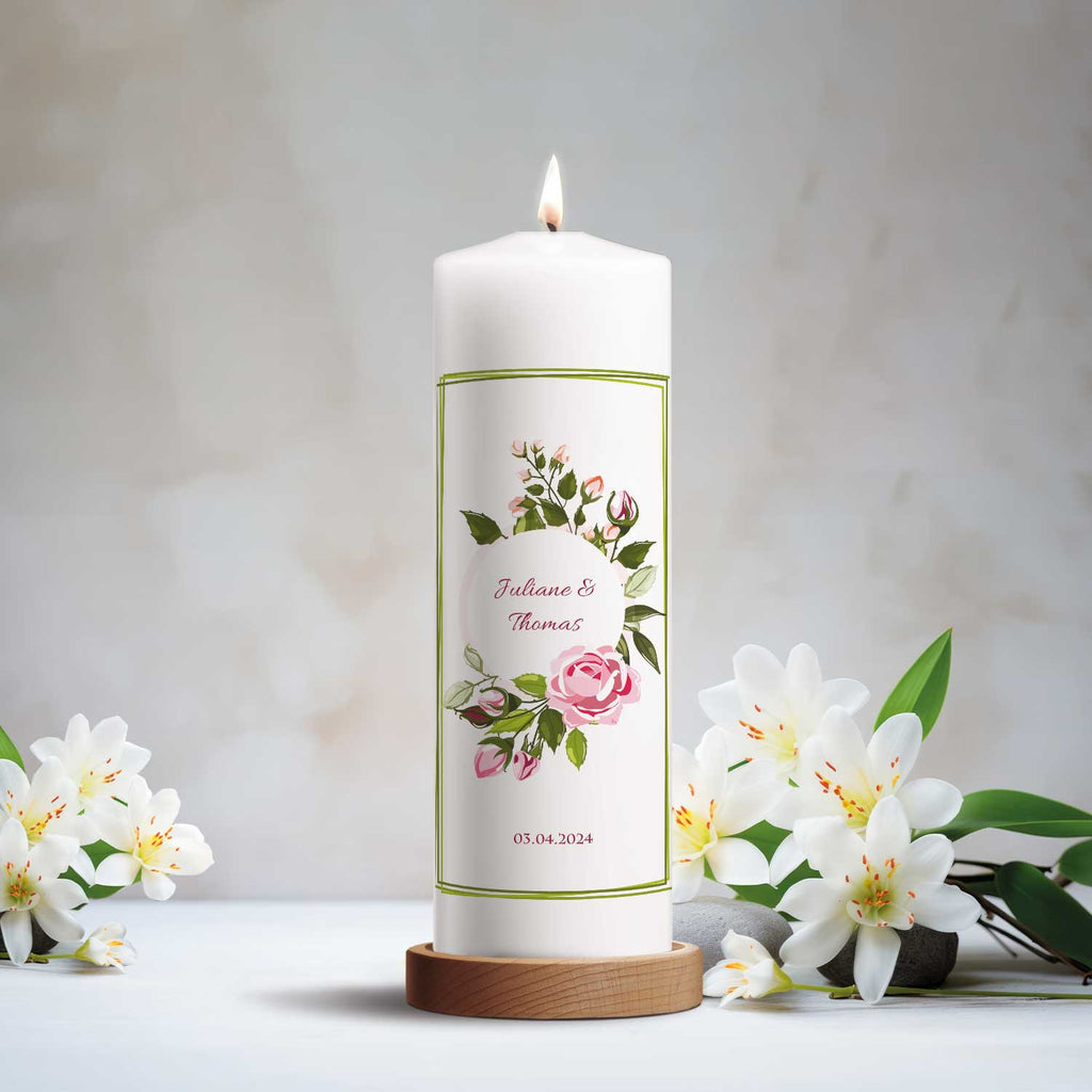 Große Kerze "Green Flower" - Hochzeitskerze mit Namen, Datum & Wunschtext