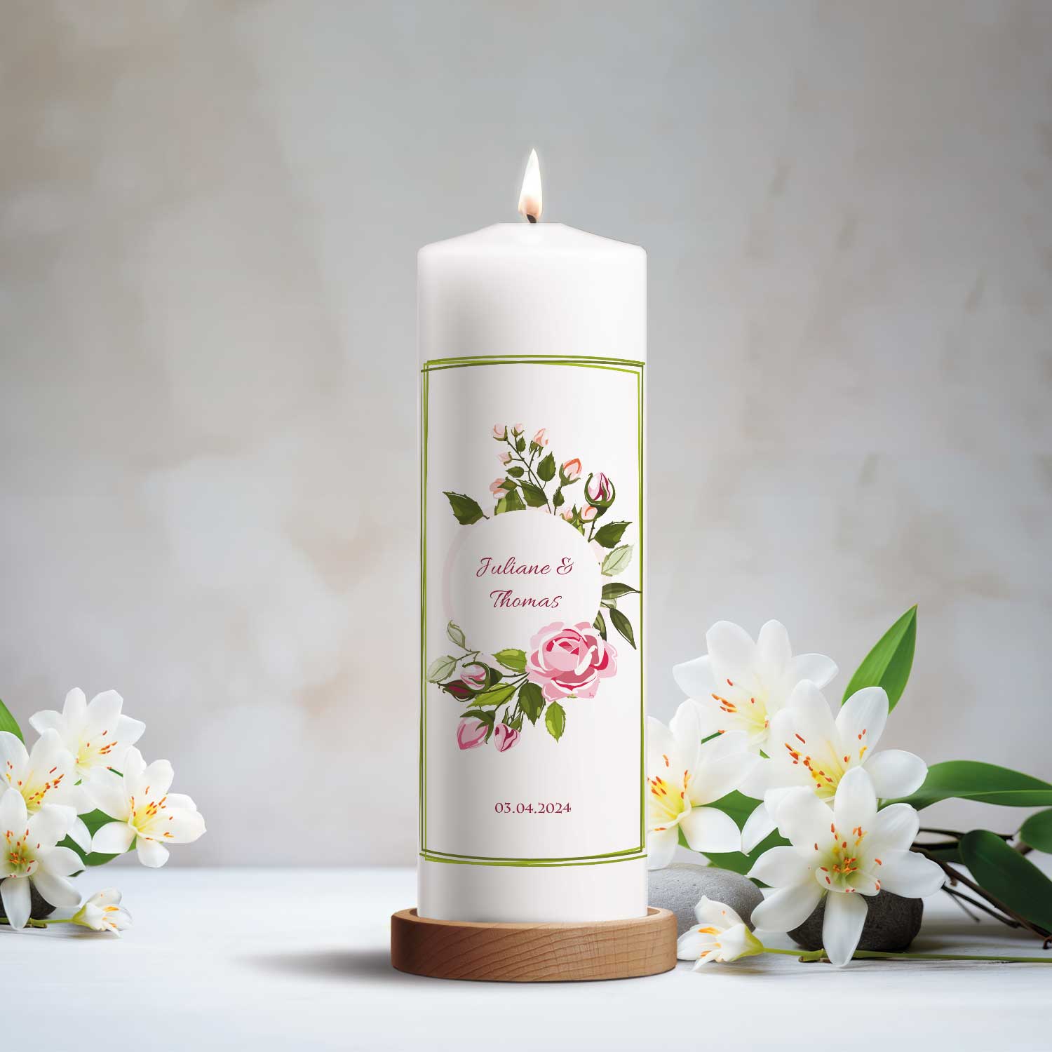 Große Kerze "Green Flower" - Hochzeitskerze mit Namen, Datum & Wunschtext