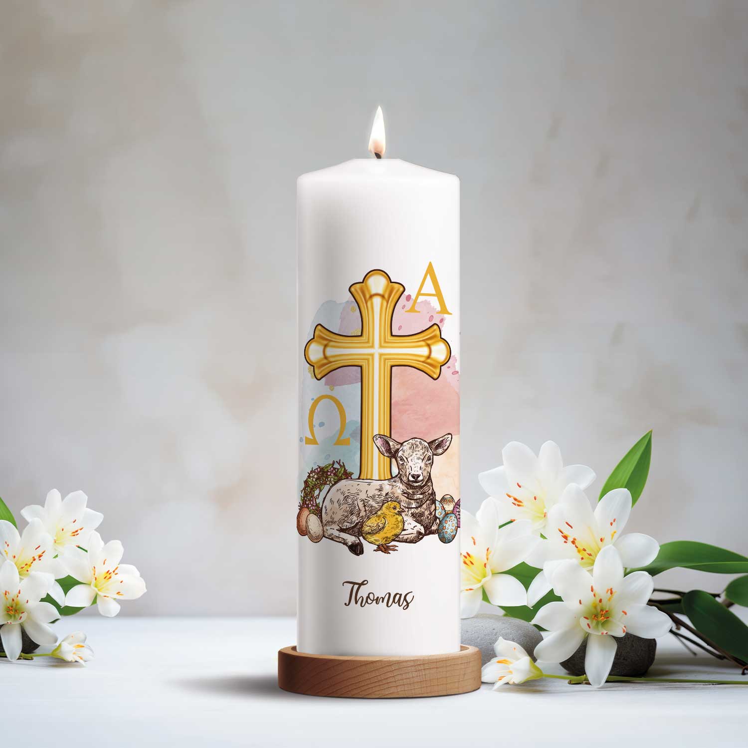 Große Kerze "Osterlamm" mit Namen zu Ostern