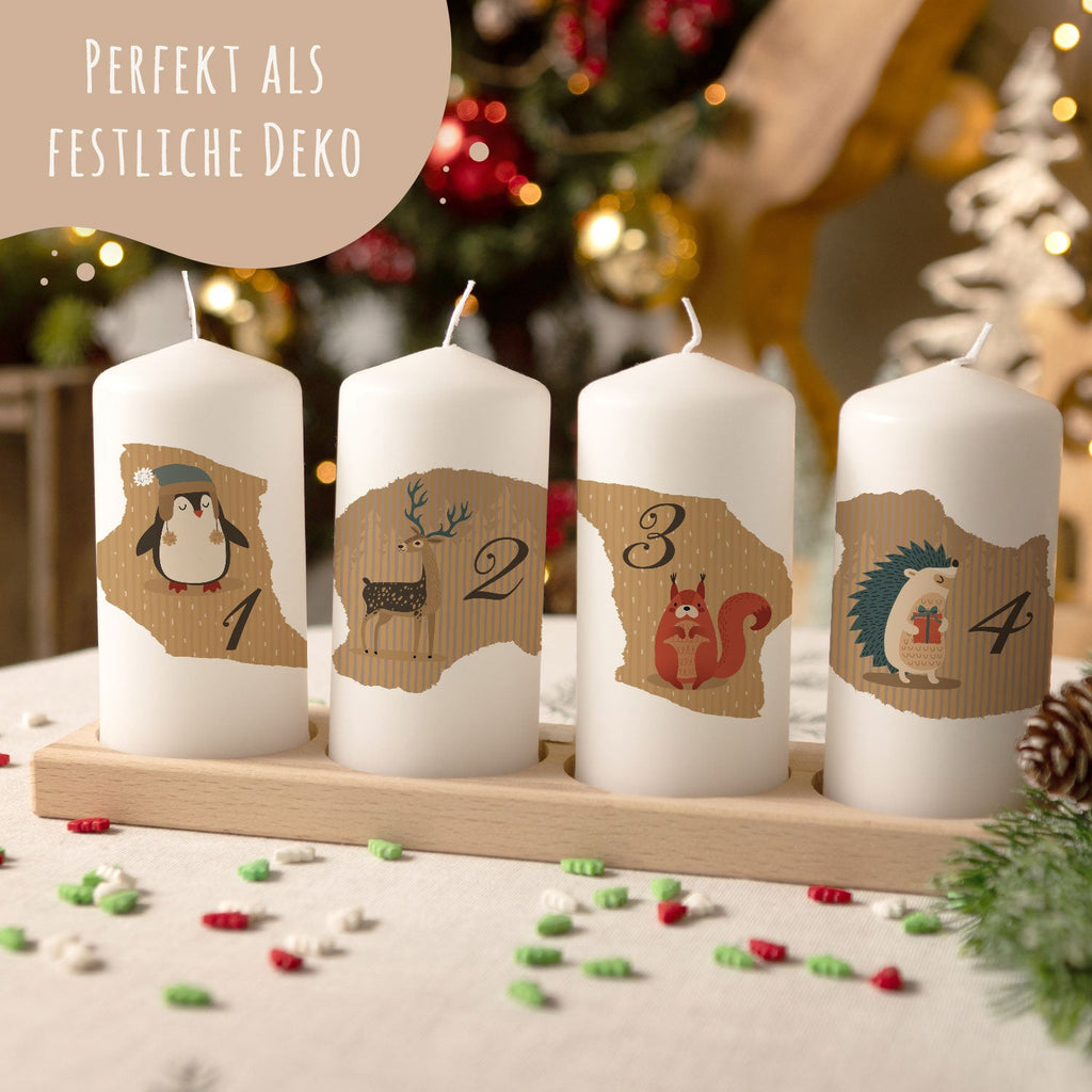 Kleine Kerzen "Advent Tiere Vintage" - Adventskerzen im 4er Set