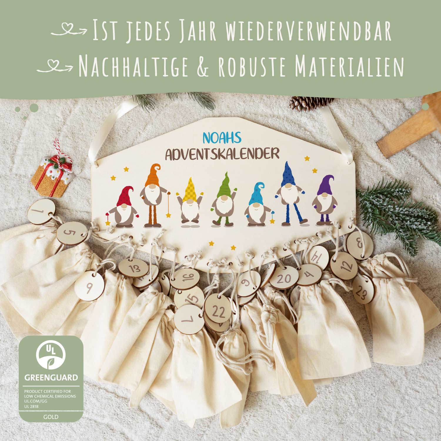 Personalisierter Adventskalender aus Holz mit Druckmotiv & Namen - Wichtel
