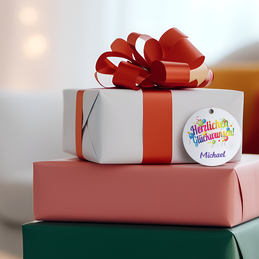 Geschenkanhänger aus Holz - Herzlichen Glückwunsch - Personalisiert mit Namen