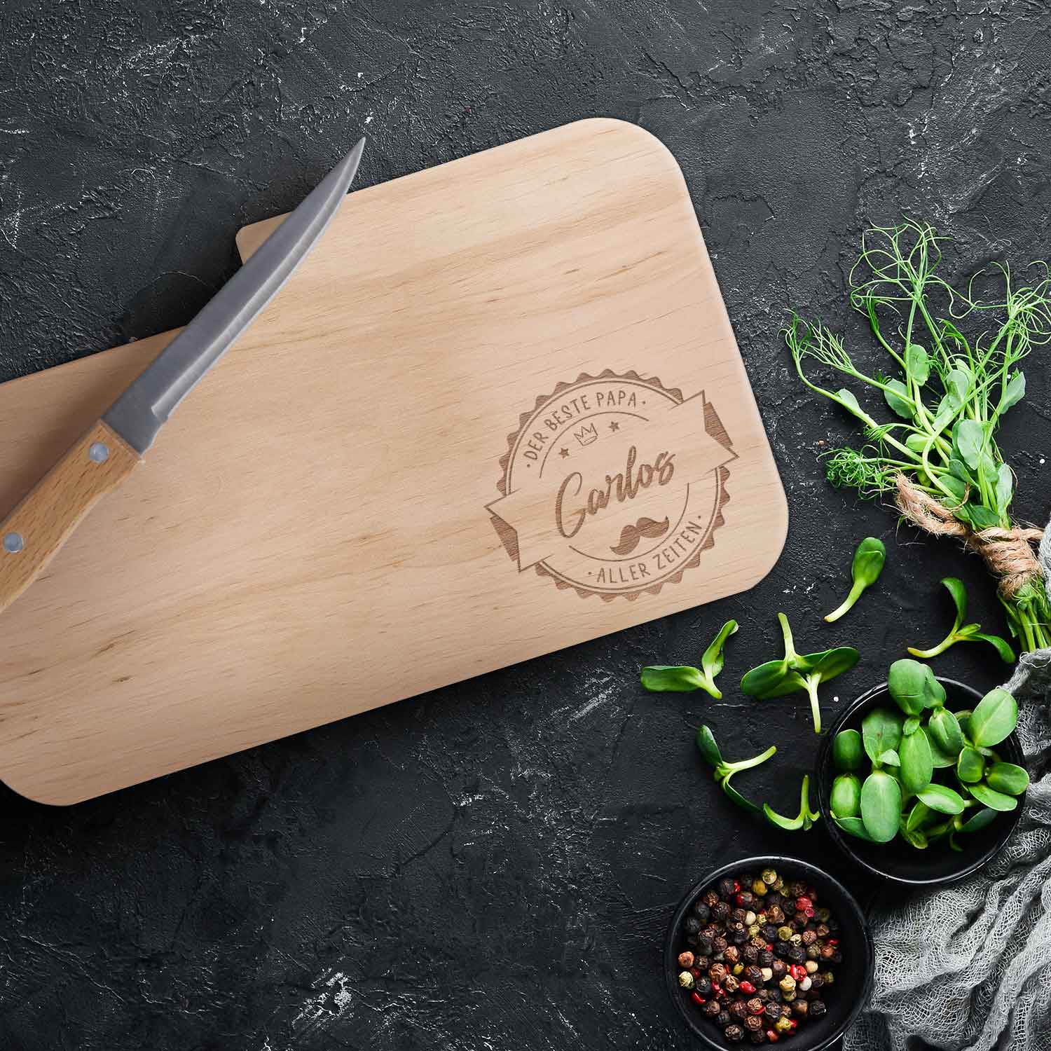 Frühstücksbrettchen mit Gravur - Inklusive Messer - Bester Papa Logo mit Name