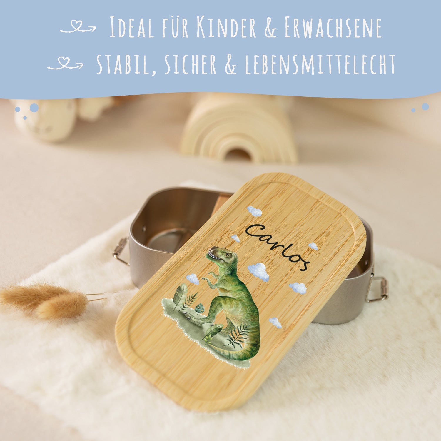 Brotdose mit Deckel für Kinder mit UV-Druck im "T-Rex V2" Design