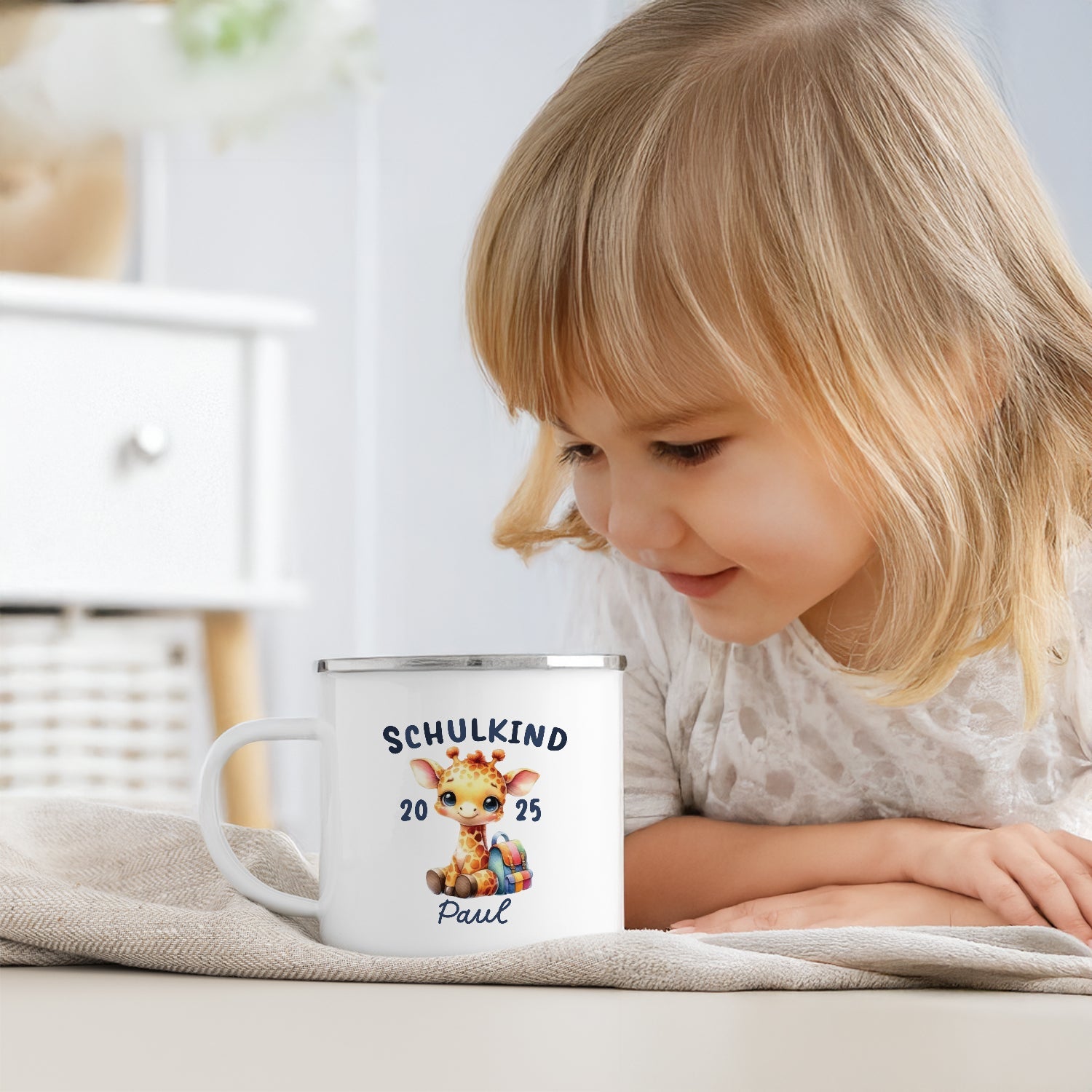 Emaille Tasse für Kinder - Schulkind - Personalisiert mit Namen & liebevollen Motiven