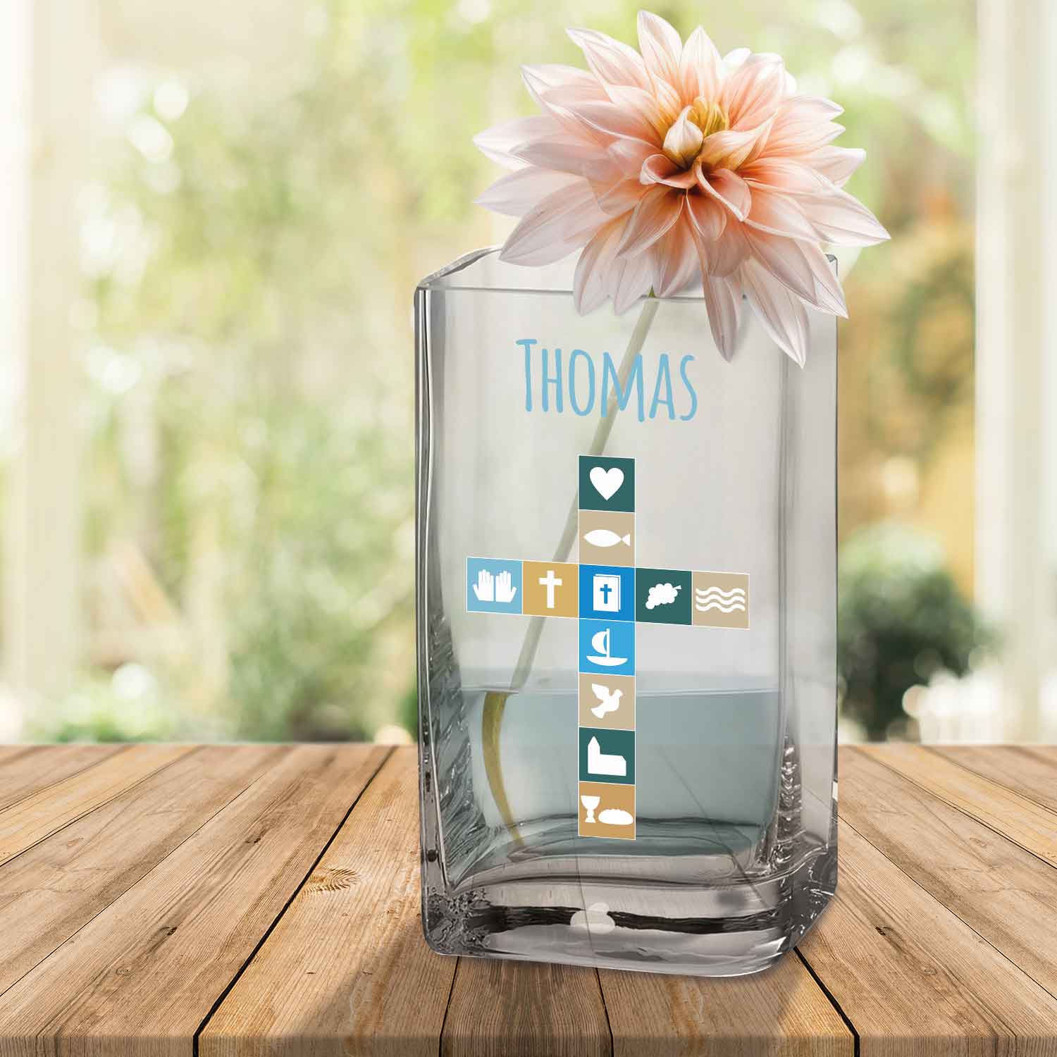 Blumenvase mit UV-Druck - Kommunion - Personalisiert mit Namen - Deko Vase als Geschenk