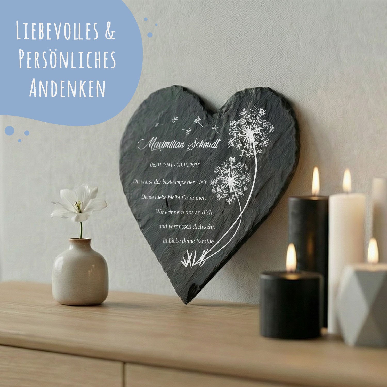 Bedrucktes Schieferherz - Pusteblume - Personalisiertes Geschenk
