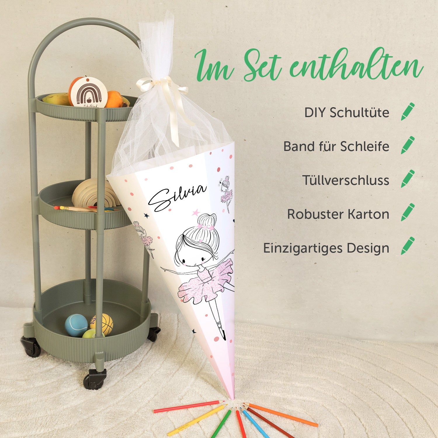 Bedruckte Schultüte mit Namen - Ballerina
