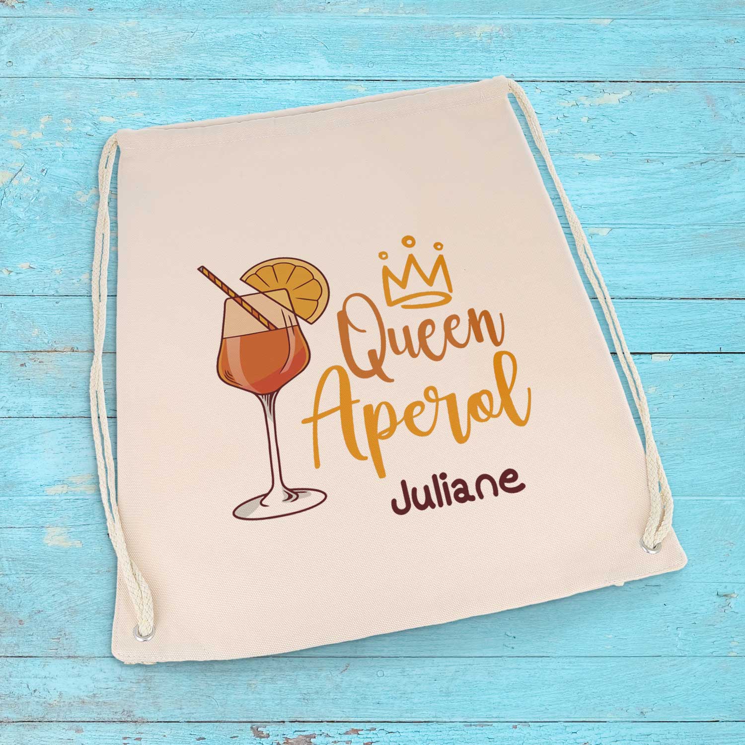 Bedruckter Turnbeutel im Queen Aperol Design