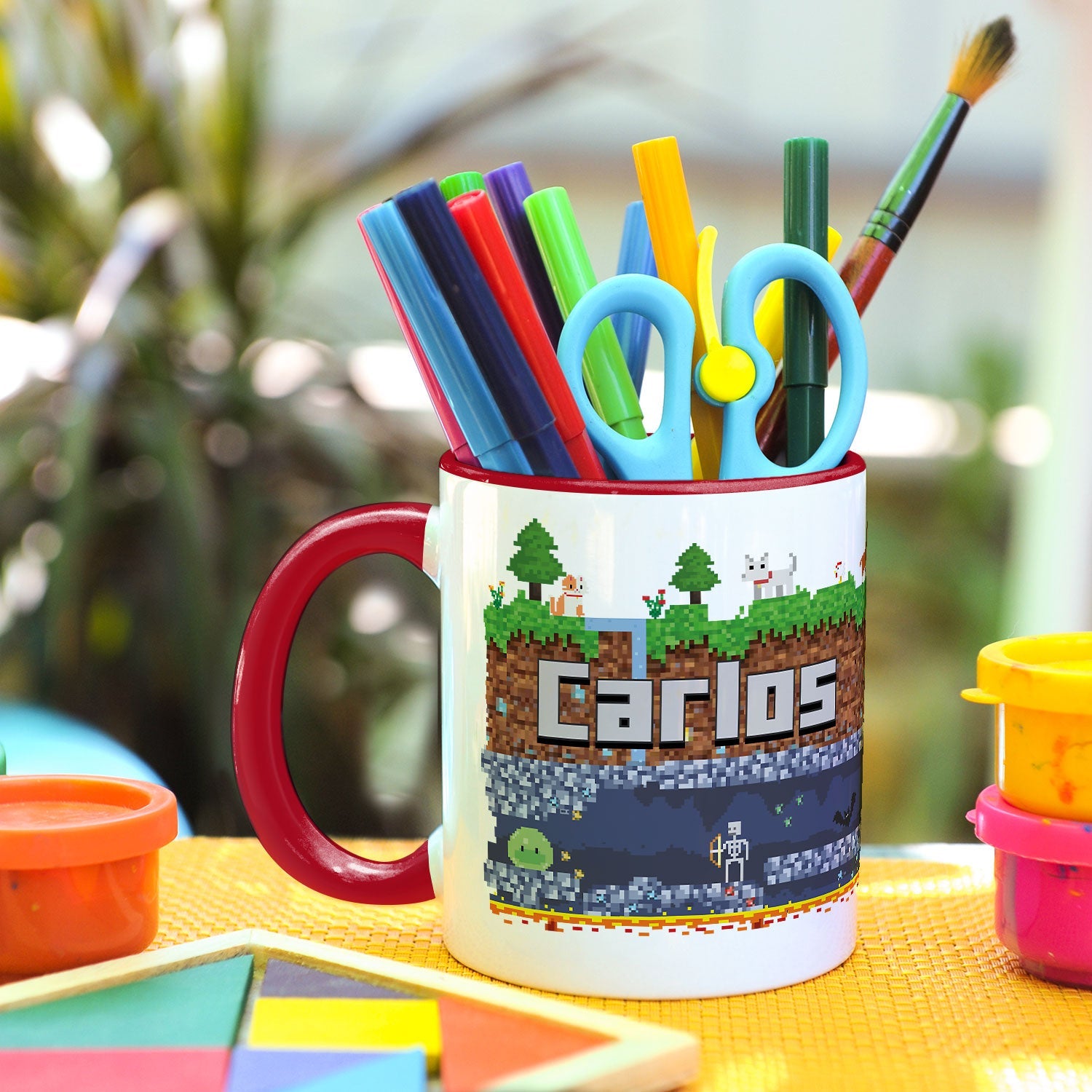 Bedruckte Tasse mit "Pixelerde" Motiv