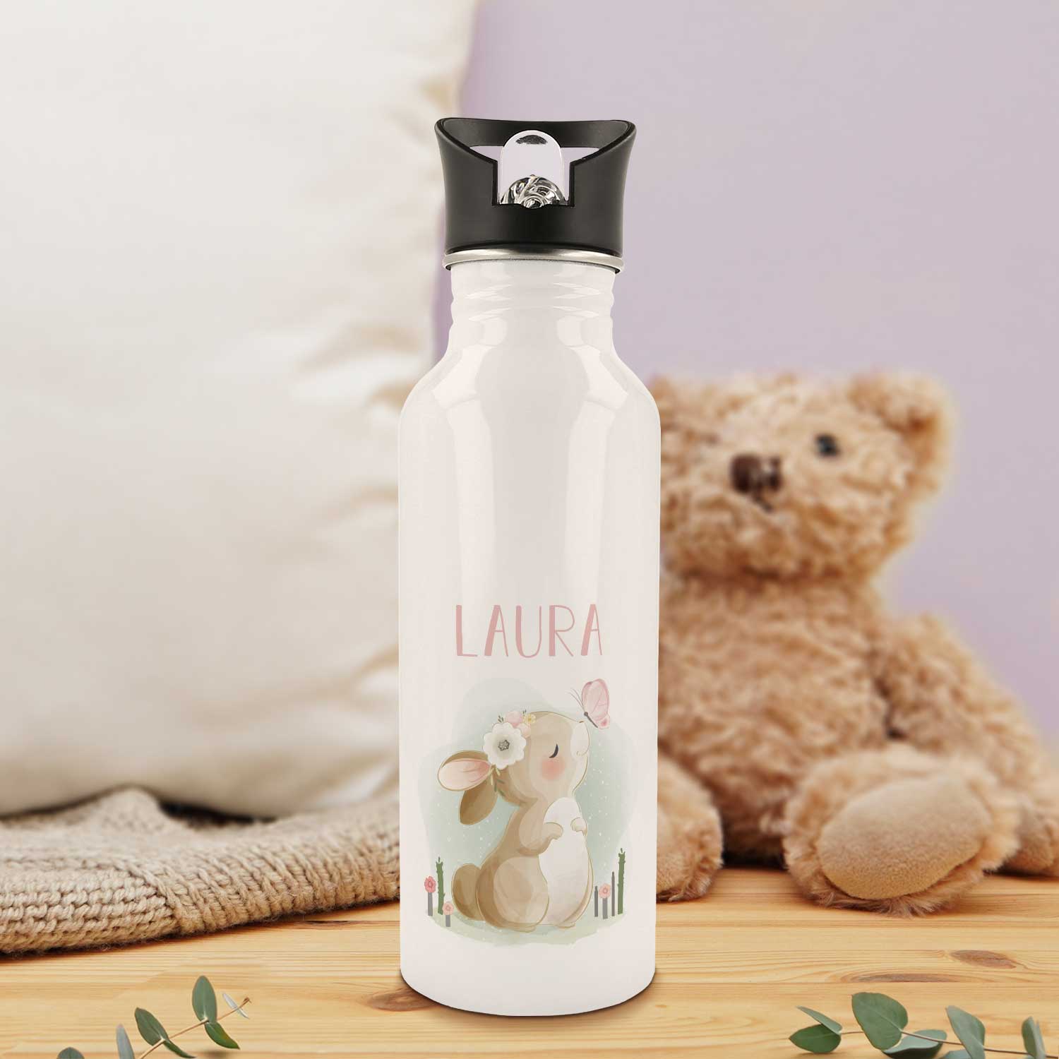 Bedruckte Trinkflasche aus Edelstahl - Hase