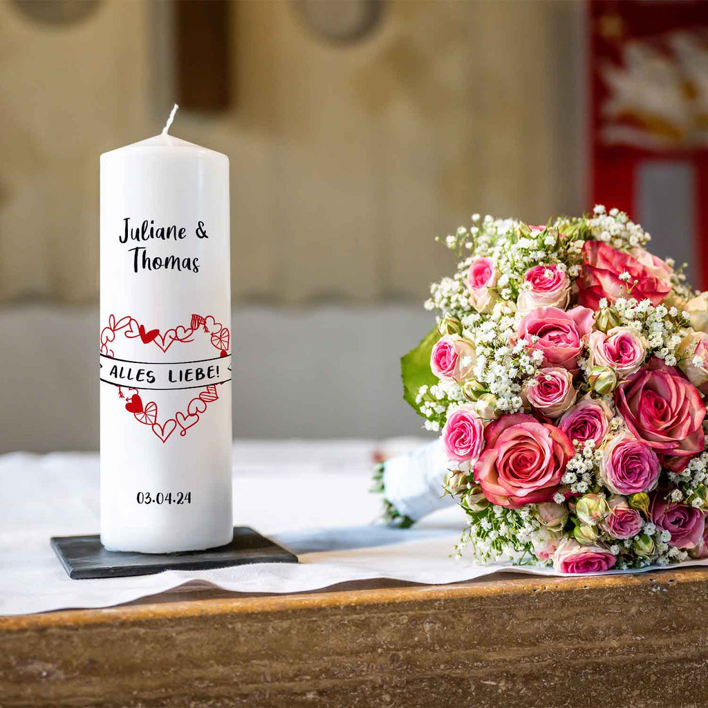 Große Kerze "Alles Liebe" - Hochzeitskerze mit Namen, Datum & Wunschtext